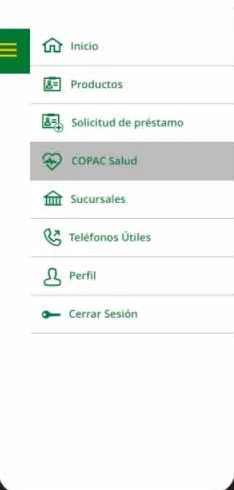 Menú de la app con la opción COPAC Salud